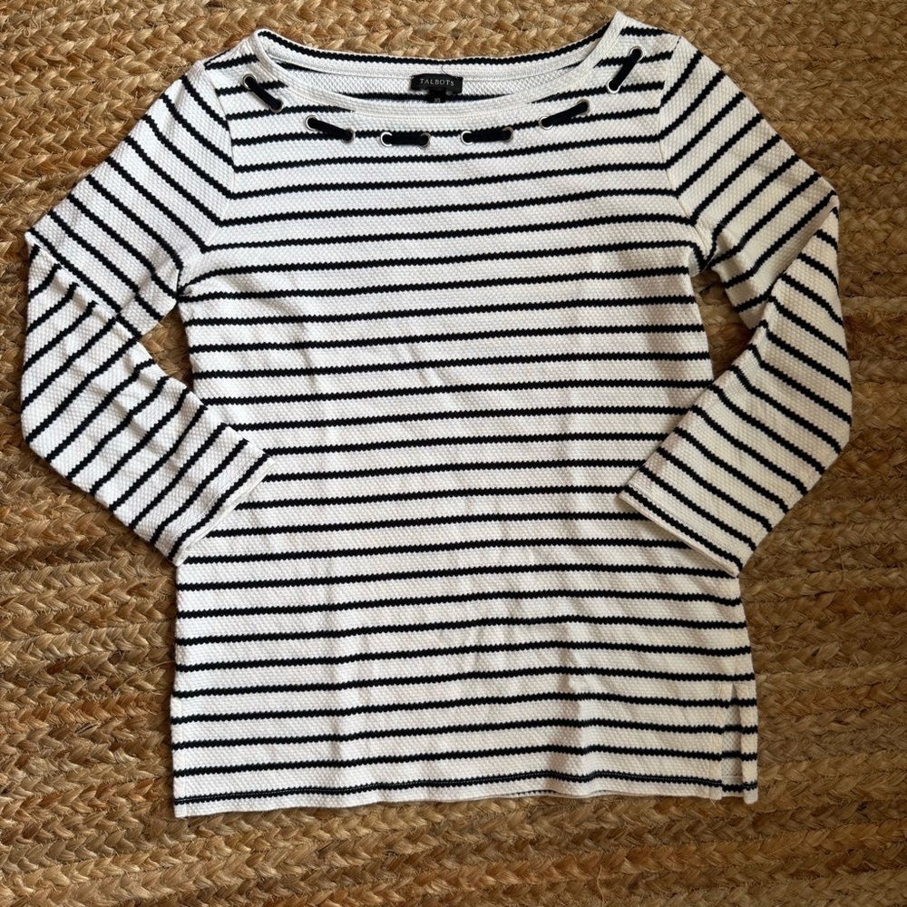 Talbots XS White and Navy Blue Striped Cotton Blouse